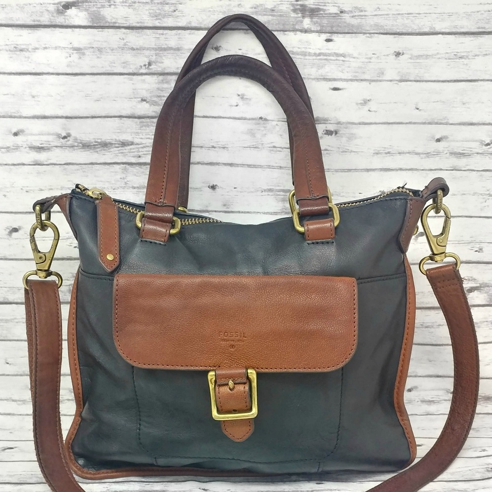 FOSSIL-Black & Brown Pebbled Leather Messenger Bag